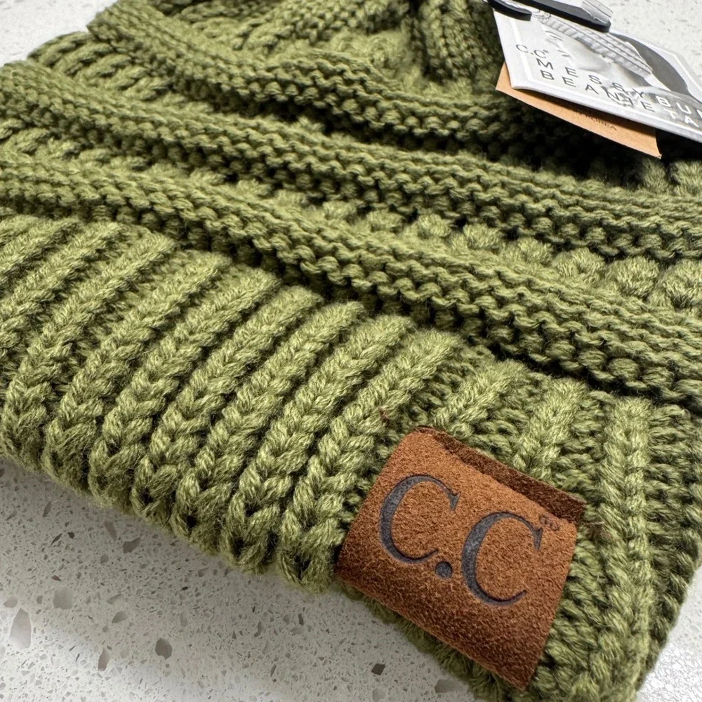 C.C Messy Bun Beanie Tail Women OS Olive Green New Ponytail Cable Knit Hat